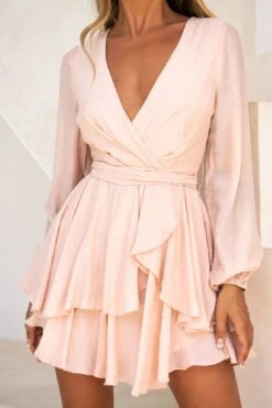 Believe Me Long Sleeve Surplice Neckline Dress Beige -Selfie Leslie Shop 01CM0313V BEIGE 4