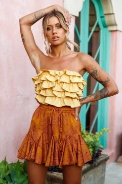 Robyn Flounce Mini Skirt Leaf Pattern Mustard -Selfie Leslie Shop 14254B25 S MUSTARD 3 1