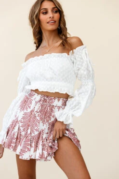 Robyn Flounce Mini Skirt Leaf Pattern White -Selfie Leslie Shop 14254B25 S WHITE 3