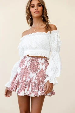 Robyn Flounce Mini Skirt Leaf Pattern White -Selfie Leslie Shop 14254B25 S WHITE 7