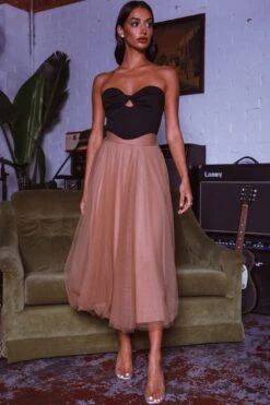 Jasmine Organza Mesh Elasticated Waist Midi Skirt Brown -Selfie Leslie Shop 14491B01 20BROWN 2