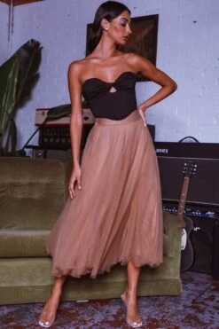 Jasmine Organza Mesh Elasticated Waist Midi Skirt Brown -Selfie Leslie Shop 14491B01 20BROWN 5