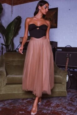 Jasmine Organza Mesh Elasticated Waist Midi Skirt Brown -Selfie Leslie Shop 14491B01 20BROWN 6