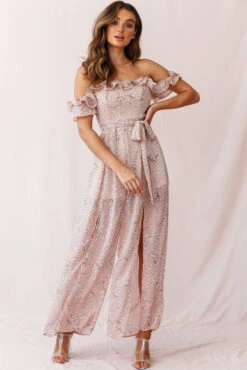 Jazz Bardot Neckline Wide Leg Split Jumpsuit Floral Print Blush 15 Jazz Bardot Neckline Wide Leg Split Jumpsuit Floral Print Blush -Selfie Leslie Shop 190219sl 0406 26926d01 blush