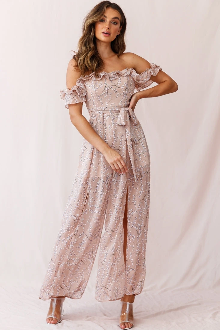 Jazz Bardot Neckline Wide Leg Split Jumpsuit Floral Print Blush 9 Jazz Bardot Neckline Wide Leg Split Jumpsuit Floral Print Blush - Image 7