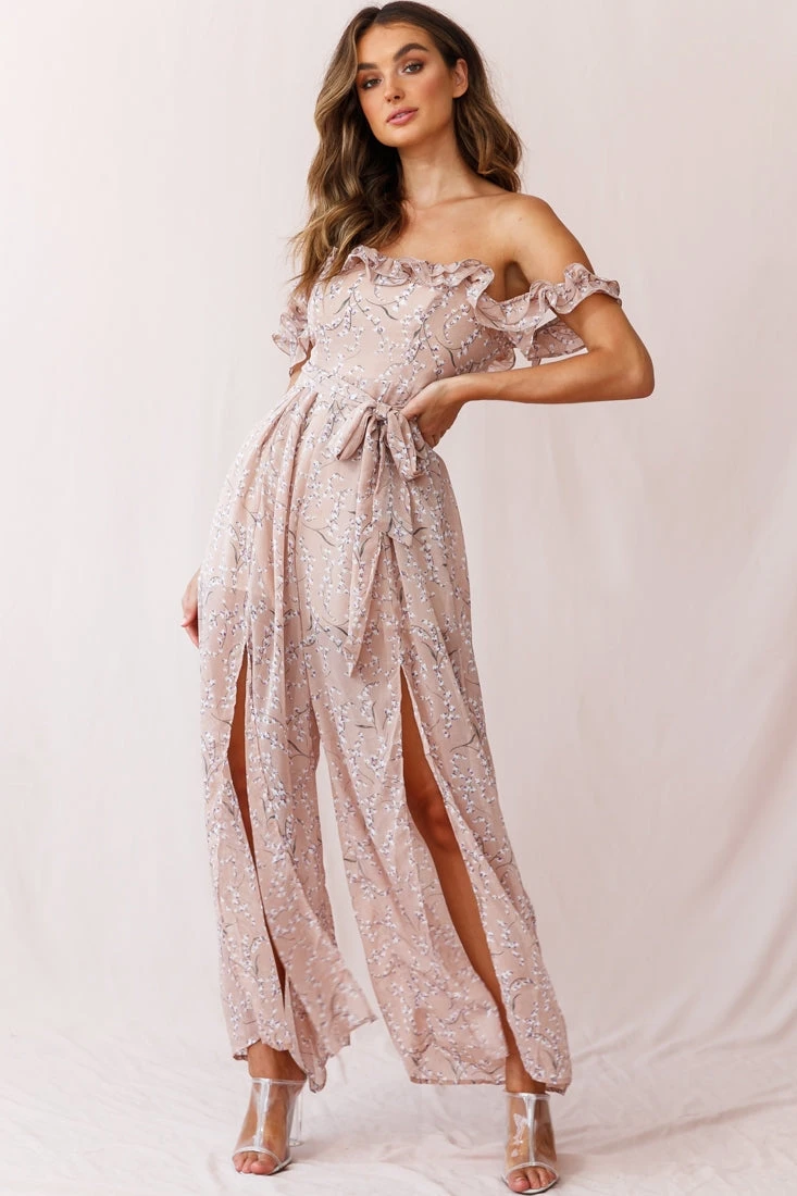 Jazz Bardot Neckline Wide Leg Split Jumpsuit Floral Print Blush 4 Jazz Bardot Neckline Wide Leg Split Jumpsuit Floral Print Blush - Image 2