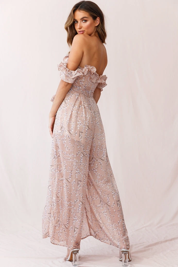 Jazz Bardot Neckline Wide Leg Split Jumpsuit Floral Print Blush 5 Jazz Bardot Neckline Wide Leg Split Jumpsuit Floral Print Blush - Image 3
