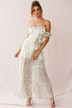 Jazz Bardot Neckline Wide Leg Split Jumpsuit Floral Print White -Selfie Leslie Shop 190219sl 1534 26926d01 white
