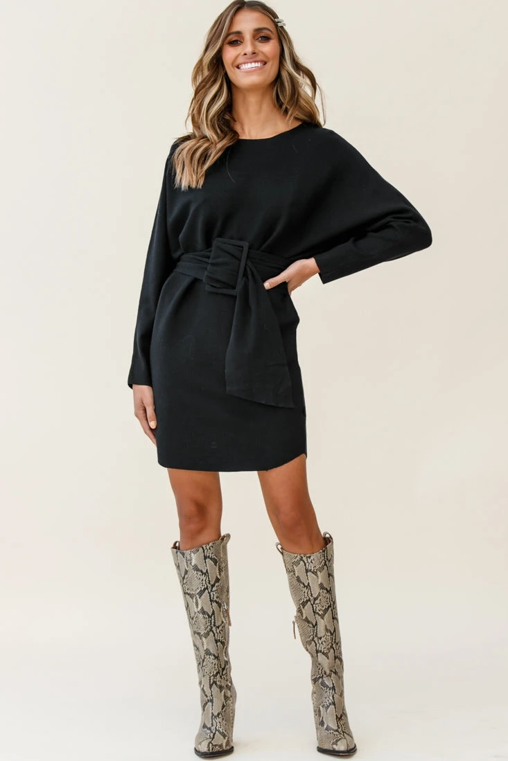 Lorelei Long Sleeve Wide Belt Knit Dress Black 5 Lorelei Long Sleeve Wide Belt Knit Dress Black - Image 3