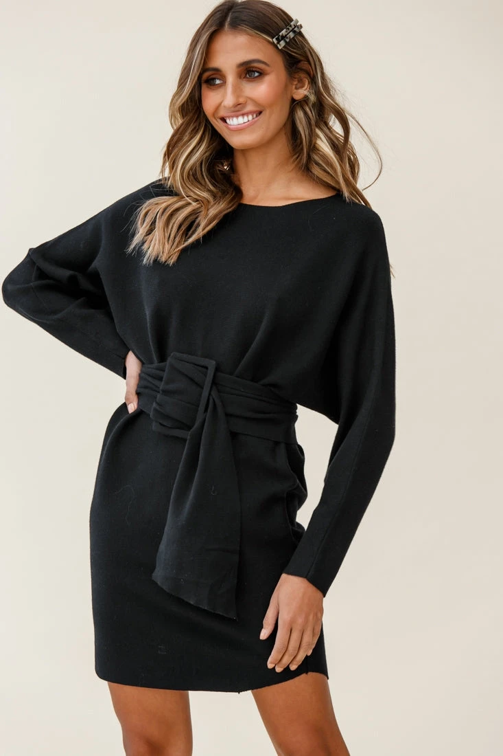 Lorelei Long Sleeve Wide Belt Knit Dress Black 6 Lorelei Long Sleeve Wide Belt Knit Dress Black - Image 4