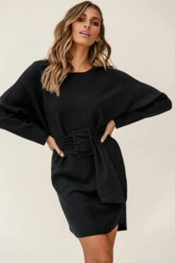Lorelei Long Sleeve Wide Belt Knit Dress Black 14 Lorelei Long Sleeve Wide Belt Knit Dress Black -Selfie Leslie Shop 190910sl0639