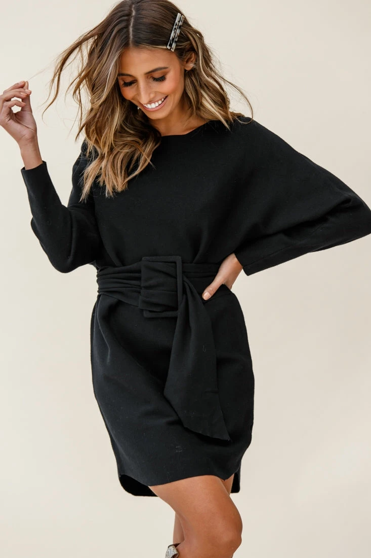 Lorelei Long Sleeve Wide Belt Knit Dress Black 4 Lorelei Long Sleeve Wide Belt Knit Dress Black - Image 2