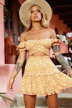 Alexi Frill Trim Mini Skirt Floral Print Orange -Selfie Leslie Shop 25292B22 S ORANGE 4