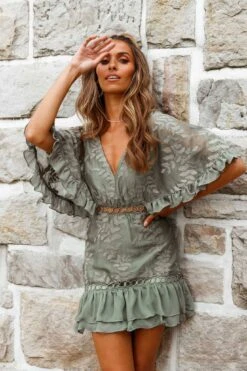 Caspar Cape Sleeve Leaf Embroidered Dress Olive 12 Caspar Cape Sleeve Leaf Embroidered Dress Olive -Selfie Leslie Shop 25763D OLIVE 4