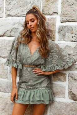 Caspar Cape Sleeve Leaf Embroidered Dress Olive 13 Caspar Cape Sleeve Leaf Embroidered Dress Olive -Selfie Leslie Shop 25763D OLIVE 5