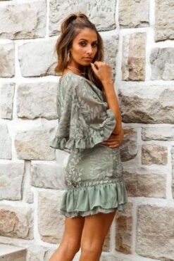 Caspar Cape Sleeve Leaf Embroidered Dress Olive 15 Caspar Cape Sleeve Leaf Embroidered Dress Olive -Selfie Leslie Shop 25763D OLIVE 7