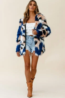 Ronan Faux Fur Multi-Print Coat Blue -Selfie Leslie Shop 25995b blue coat st2401b01 white top 190910sl0881