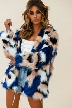 Ronan Faux Fur Multi-Print Coat Blue -Selfie Leslie Shop 25995b blue coat st2401b01 white top 190910sl0891