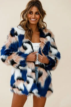 Ronan Faux Fur Multi-Print Coat Blue -Selfie Leslie Shop 25995b blue coat st2401b01 white top 190910sl0892