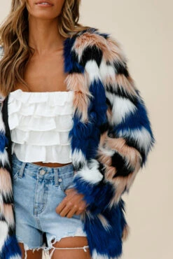 Ronan Faux Fur Multi-Print Coat Blue -Selfie Leslie Shop 25995b blue coat st2401b01 white top 190910sl0897