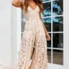 Take Note Laced-Back Frill Shoulder Lace Jumpsuit Nude
