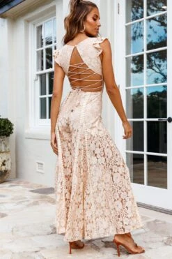 Take Note Laced-Back Frill Shoulder Lace Jumpsuit Nude -Selfie Leslie Shop 26905D01 NUDE 2