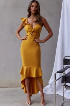 Pearl Ruffle Strap Twist Bust Dress Mustard -Selfie Leslie Shop 26923DR04 20MUSTARD 6
