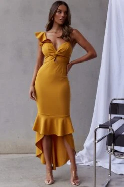 Pearl Ruffle Strap Twist Bust Dress Mustard -Selfie Leslie Shop 26923DR04 20MUSTARD 8