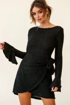 Minerva Flared Cuff Knit Wrap Dress Black -Selfie Leslie Shop 27162b black 190812sl1831