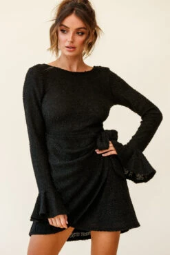 Minerva Flared Cuff Knit Wrap Dress Black -Selfie Leslie Shop 27162b black 190812sl1832
