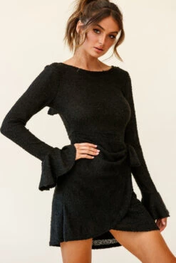 Minerva Flared Cuff Knit Wrap Dress Black -Selfie Leslie Shop 27162b black 190812sl1834