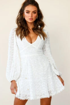 Primrose Long Balloon Sleeve Embroidery Overlay Dress White 10 Primrose Long Balloon Sleeve Embroidery Overlay Dress White -Selfie Leslie Shop 27326B WHITE 1