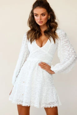Primrose Long Balloon Sleeve Embroidery Overlay Dress White 12 Primrose Long Balloon Sleeve Embroidery Overlay Dress White -Selfie Leslie Shop 27326B WHITE 4