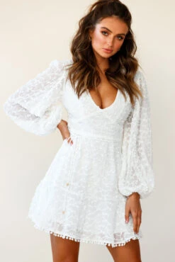 Primrose Long Balloon Sleeve Embroidery Overlay Dress White 13 Primrose Long Balloon Sleeve Embroidery Overlay Dress White -Selfie Leslie Shop 27326B WHITE 5