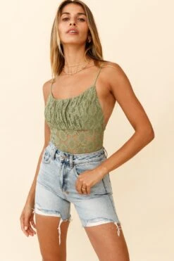 Dirty Dancing Ruched Bust Low-Back Lace Bodysuit Avocado -Selfie Leslie Shop 27342B01 AVOCADO 5