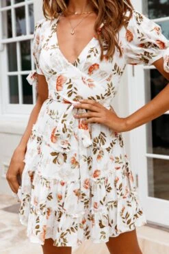 Jocelyn Short Sleeve Tied Cuff Layered Ruffle Dress Floral Print White 11 Jocelyn Short Sleeve Tied Cuff Layered Ruffle Dress Floral Print White -Selfie Leslie Shop 27356D05 WHITE 4