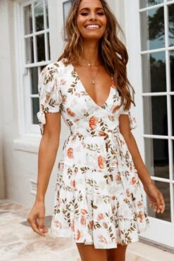 Jocelyn Short Sleeve Tied Cuff Layered Ruffle Dress Floral Print White 13 Jocelyn Short Sleeve Tied Cuff Layered Ruffle Dress Floral Print White -Selfie Leslie Shop 27356D05 WHITE 6