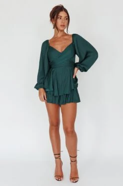 It's Complicated Long Sleeve Flounce Romper Forest Green -Selfie Leslie Shop 27397B02 20FOREST 20GREEN 2