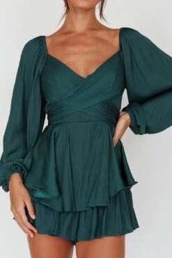 It's Complicated Long Sleeve Flounce Romper Forest Green -Selfie Leslie Shop 27397B02 20FOREST 20GREEN 4