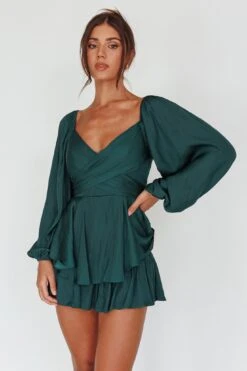 It's Complicated Long Sleeve Flounce Romper Forest Green -Selfie Leslie Shop 27397B02 20FOREST 20GREEN 5