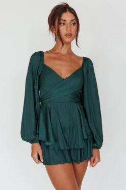 It's Complicated Long Sleeve Flounce Romper Forest Green -Selfie Leslie Shop 27397B02 20FOREST 20GREEN 6