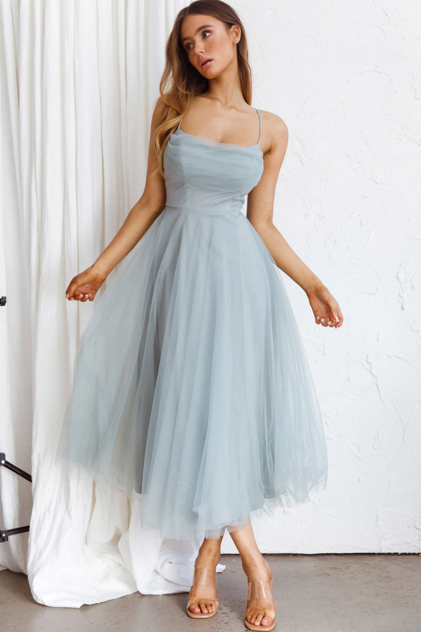 Floating By Pleated Neckline Mesh Midi Dress Sage 5 Floating By Pleated Neckline Mesh Midi Dress Sage - Image 3