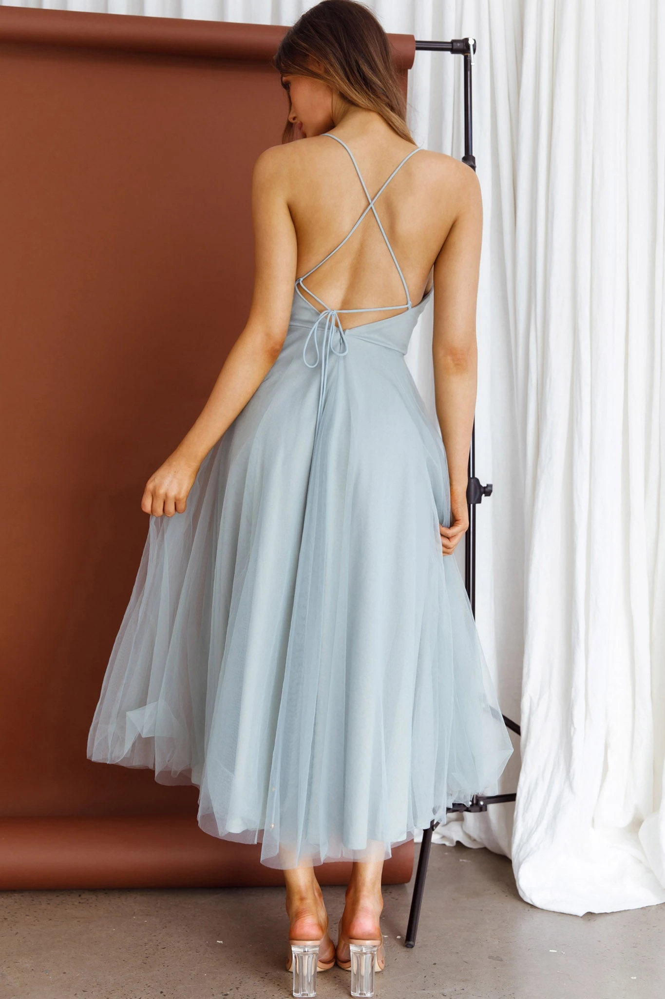 Floating By Pleated Neckline Mesh Midi Dress Sage 4 Floating By Pleated Neckline Mesh Midi Dress Sage - Image 2