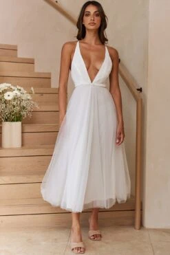 Floating By Plunging Neckline Mesh Overlay Midi Dress White -Selfie Leslie Shop 27460D 20WHITE 6