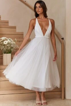 Floating By Plunging Neckline Mesh Overlay Midi Dress White -Selfie Leslie Shop 27460D 20WHITE 7