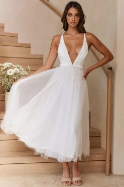 Floating By Plunging Neckline Mesh Overlay Midi Dress White -Selfie Leslie Shop 27460D 20WHITE 9