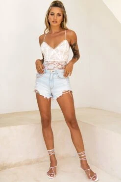 Forget Me Not Criss-Cross Back Lace Bodysuit White 9 Forget Me Not Criss-Cross Back Lace Bodysuit White -Selfie Leslie Shop 27494B WHITE 2