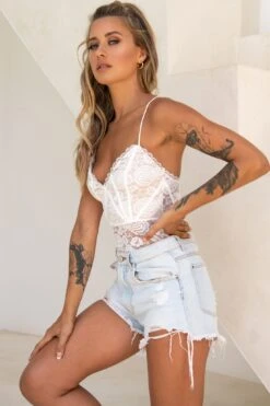 Forget Me Not Criss-Cross Back Lace Bodysuit White 10 Forget Me Not Criss-Cross Back Lace Bodysuit White -Selfie Leslie Shop 27494B WHITE 4