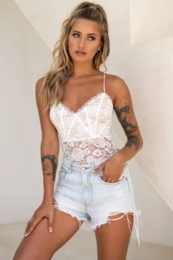 Forget Me Not Criss-Cross Back Lace Bodysuit White 11 Forget Me Not Criss-Cross Back Lace Bodysuit White -Selfie Leslie Shop 27494B WHITE 5
