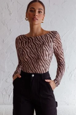 Juni Long Sleeve Low Back Mesh Bodysuit Tiger Print -Selfie Leslie Shop 27550B TIGER 5